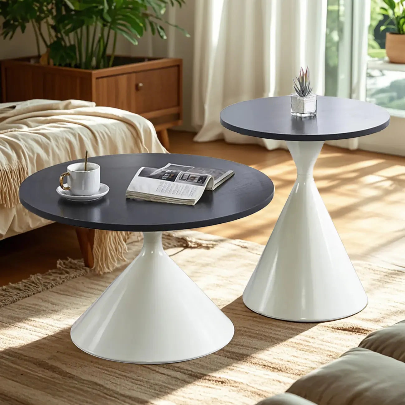 Modern Minimalist  Round Coffee Table Set with Wooden Top
