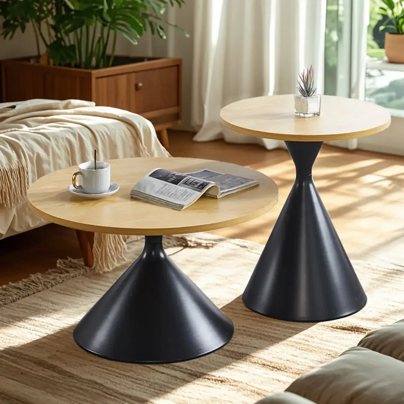 Modern Minimalist  Round Coffee Table Set with Wooden Top