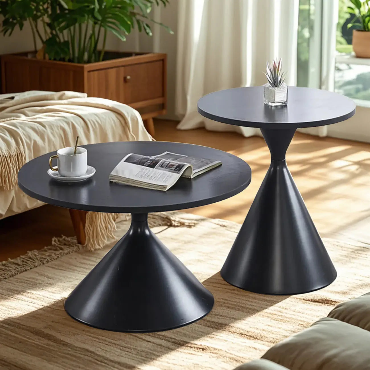 Modern Minimalist  Round Coffee Table Set with Wooden Top