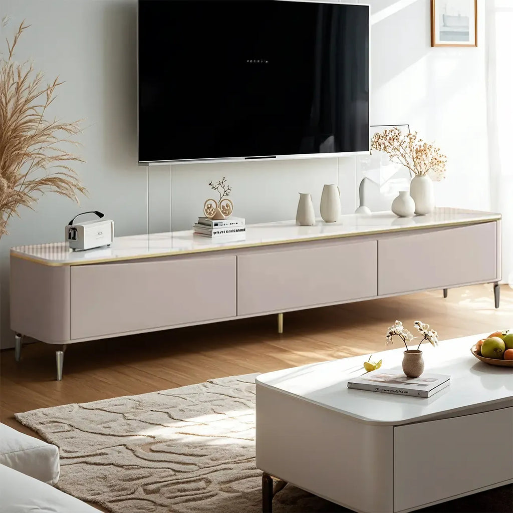 71 Modern White Stone Top TV Stand with Cable Management