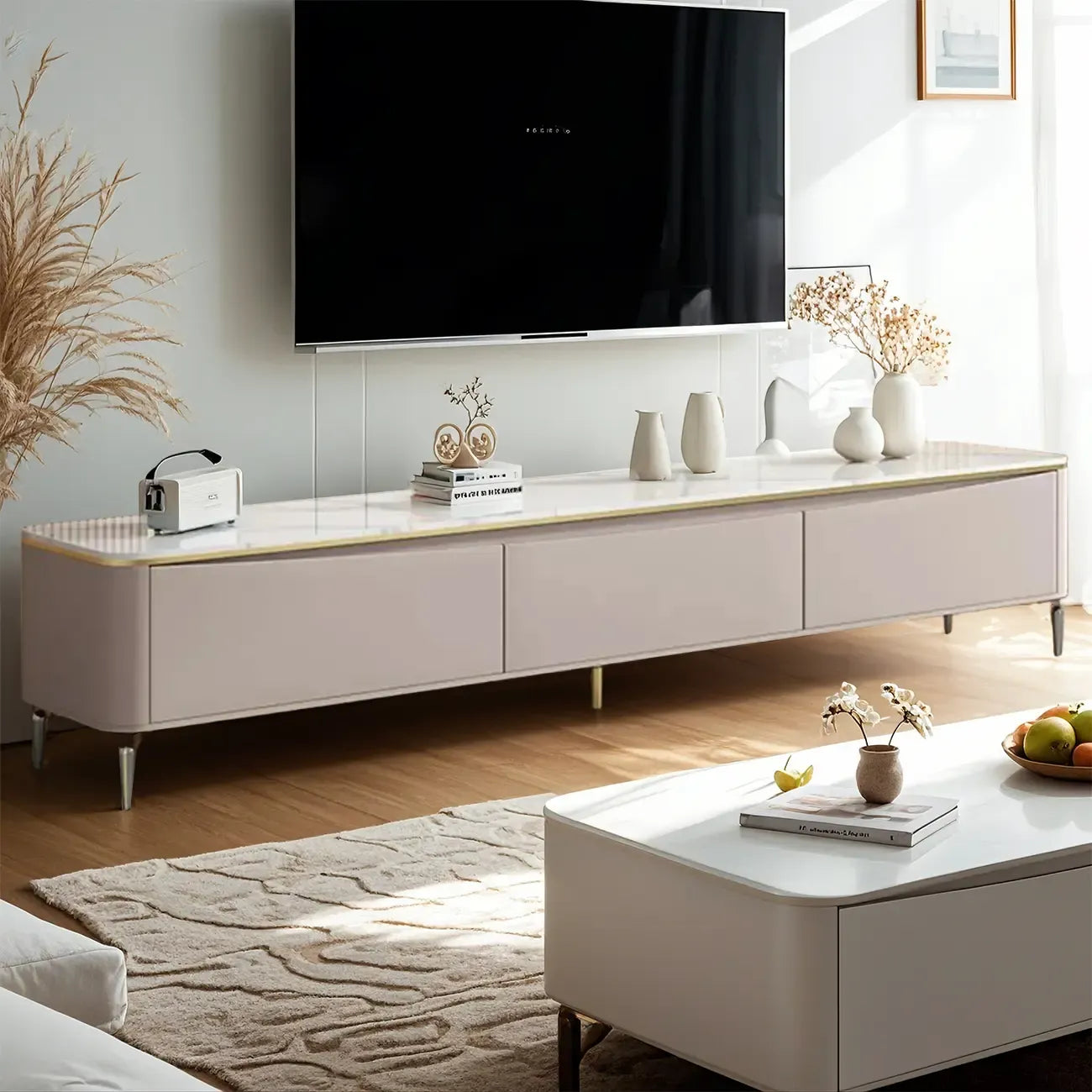 71 Modern White Stone Top TV Stand with Cable Management