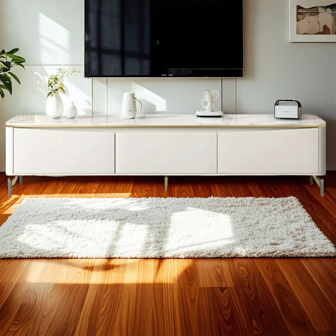 71 Modern White Stone Top TV Stand with Cable Management