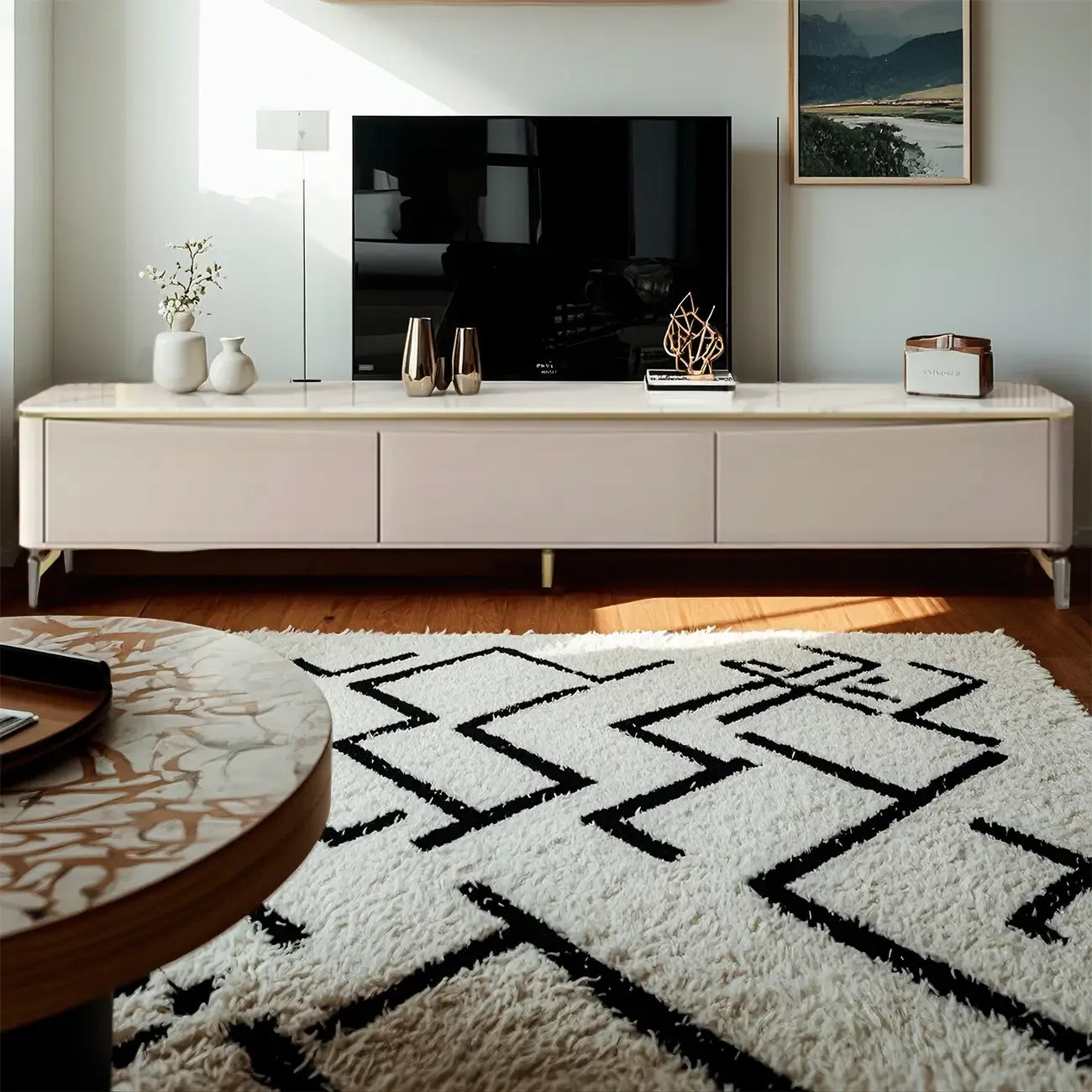 71 Modern White Stone Top TV Stand with Cable Management