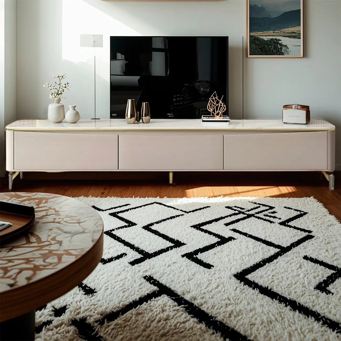 71 Modern White Stone Top TV Stand with Cable Management