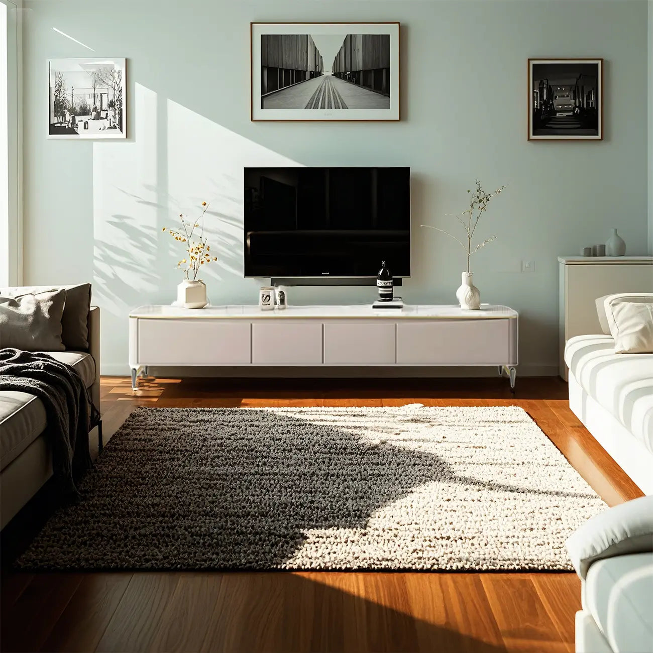 71 Modern White Stone Top TV Stand with Cable Management