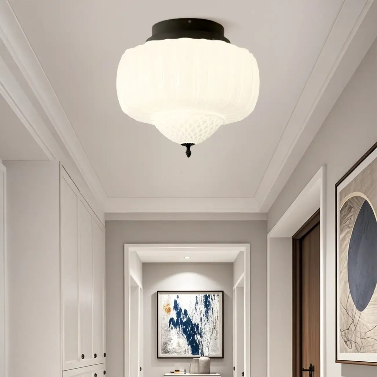 Mini Modern Round Drum Glass Semi Flush Ceiling Light