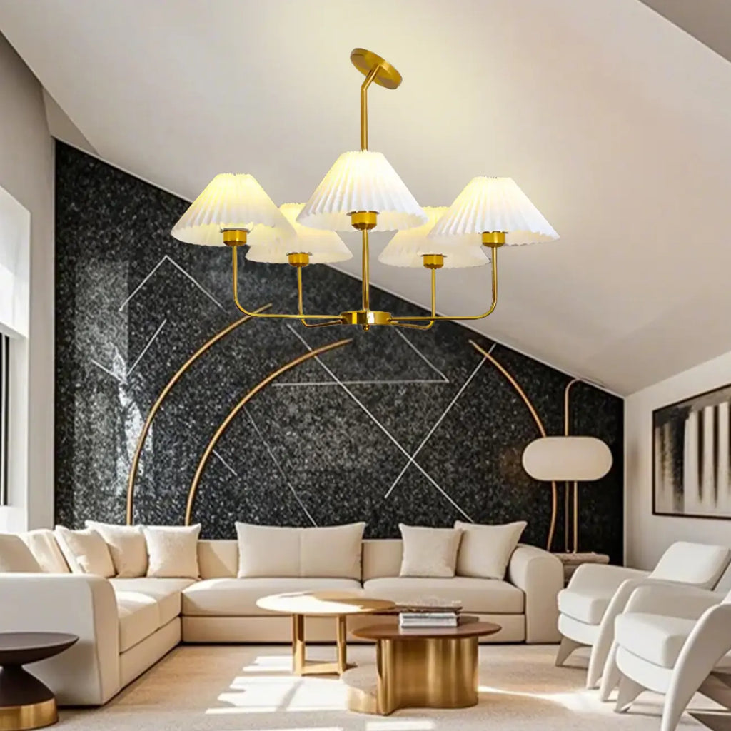 Modern Gold Chandelier with Pleated Shades for Living Room