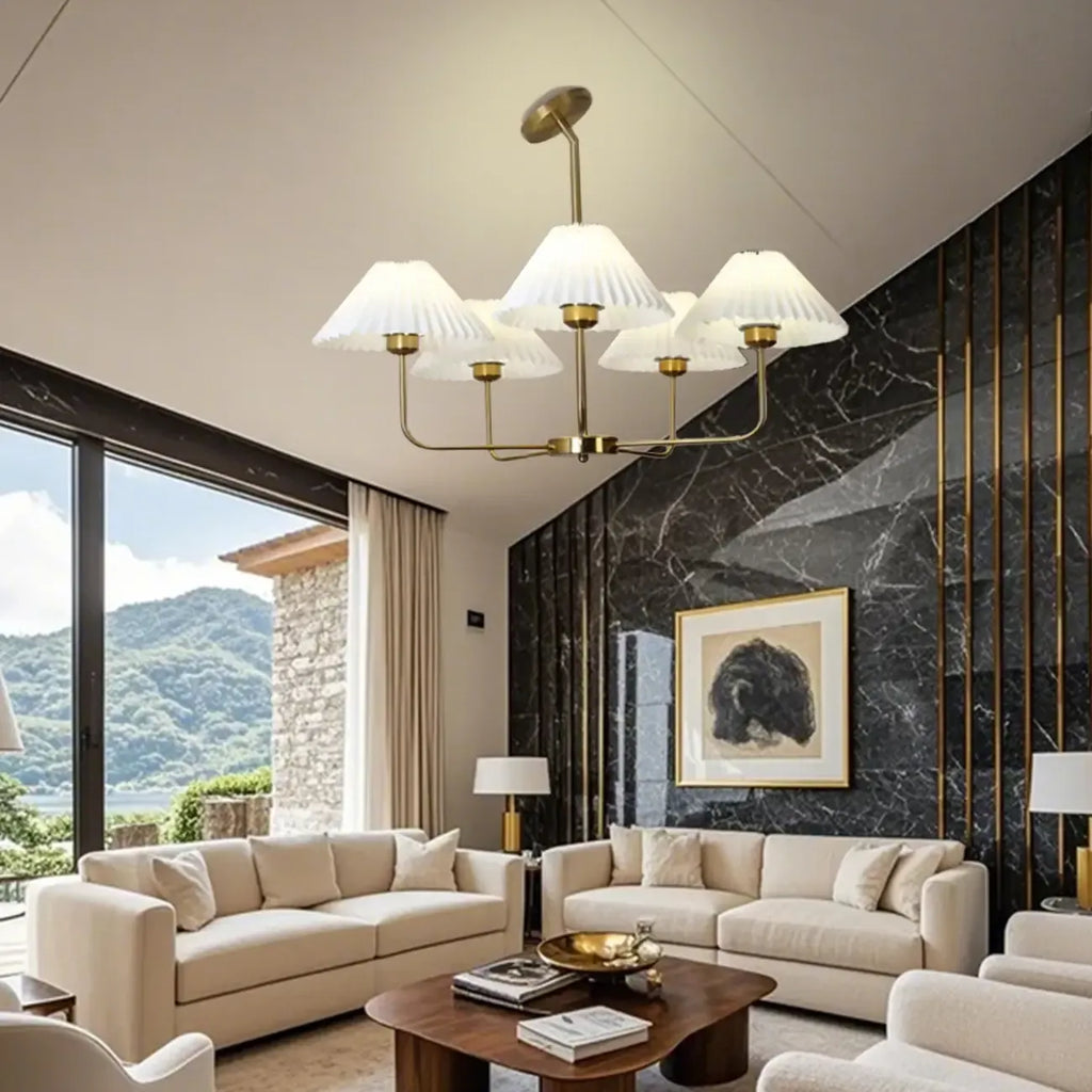 Modern Gold Chandelier with Pleated Shades for Living Room