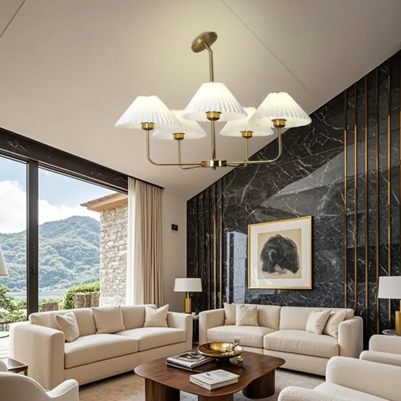 Modern Gold Chandelier with Pleated Shades for Living Room
