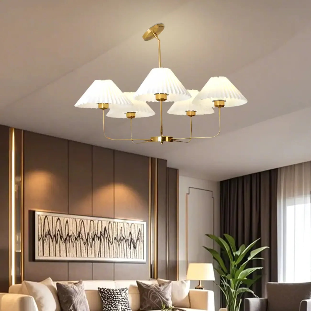 Modern Gold Chandelier with Pleated Shades for Living Room