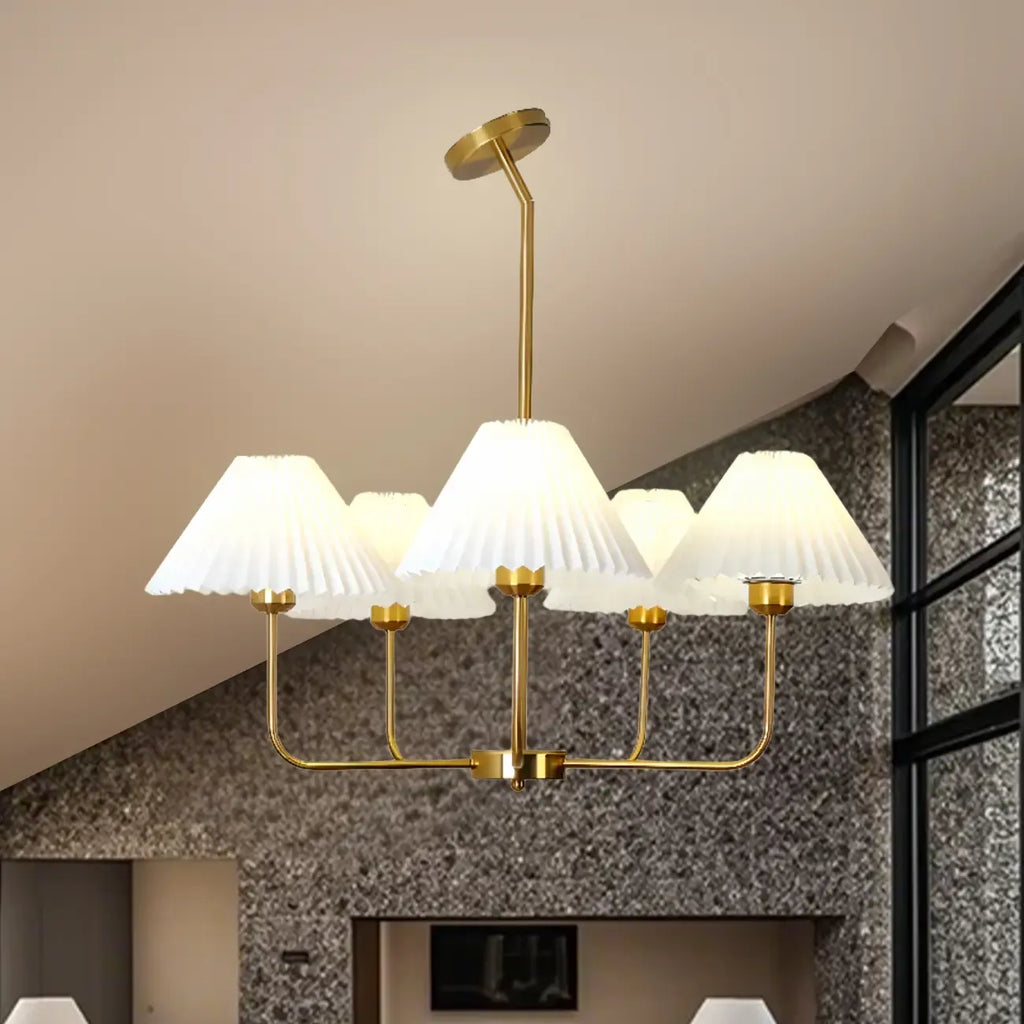 Modern Gold Chandelier with Pleated Shades for Living Room