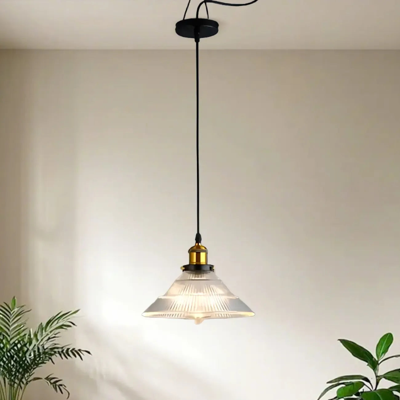 Vintage Green Cone Stained Glass Pendant Lamp with Stripes for Decor