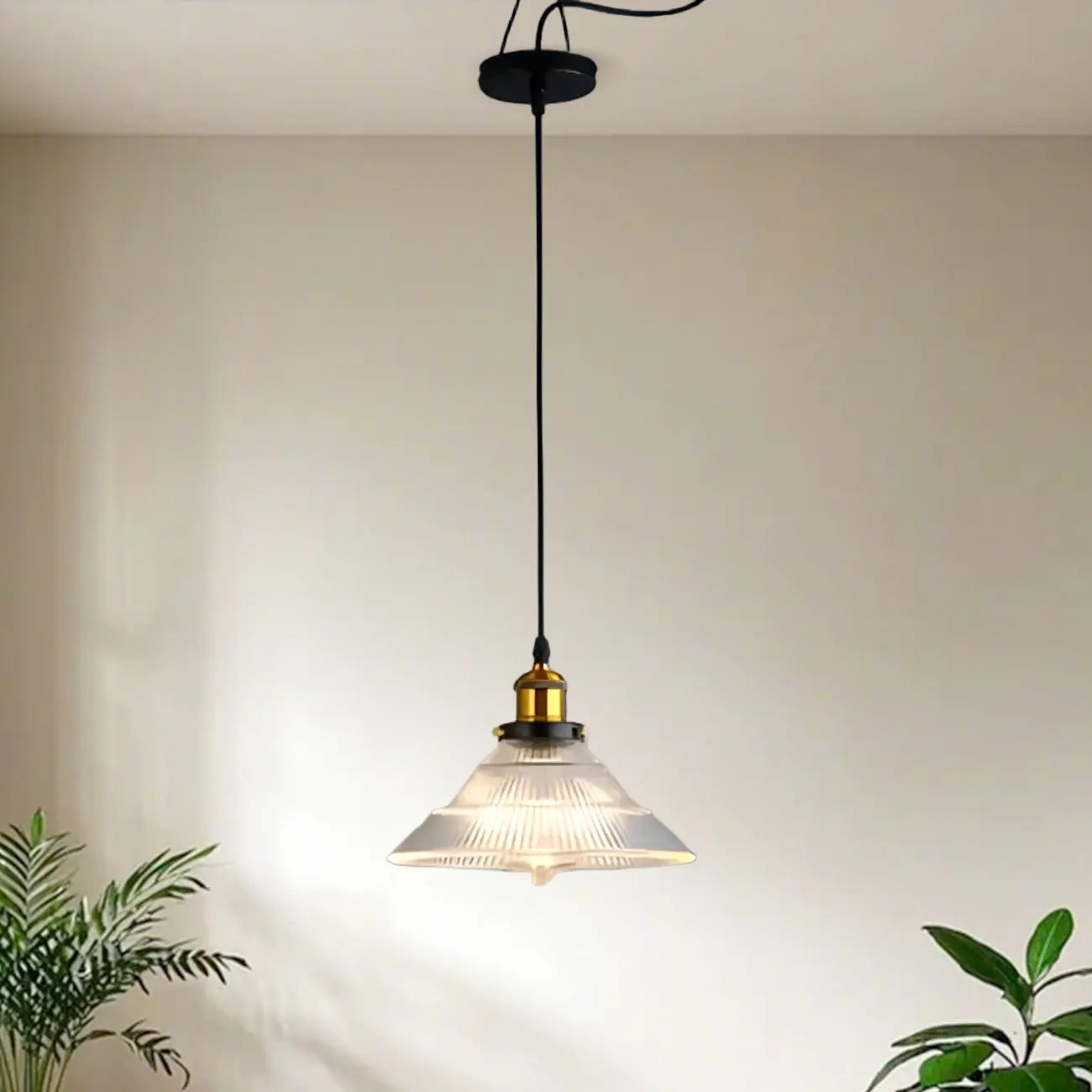 Vintage Green Cone Stained Glass Pendant Lamp with Stripes for Decor