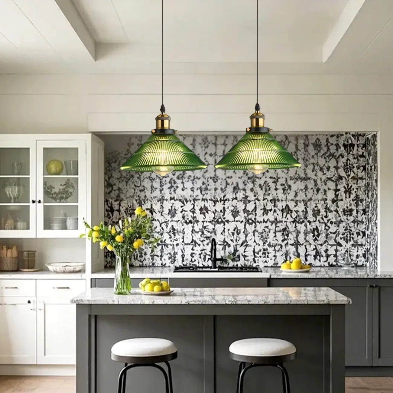 Vintage Green Cone Stained Glass Pendant Lamp with Stripes for Decor