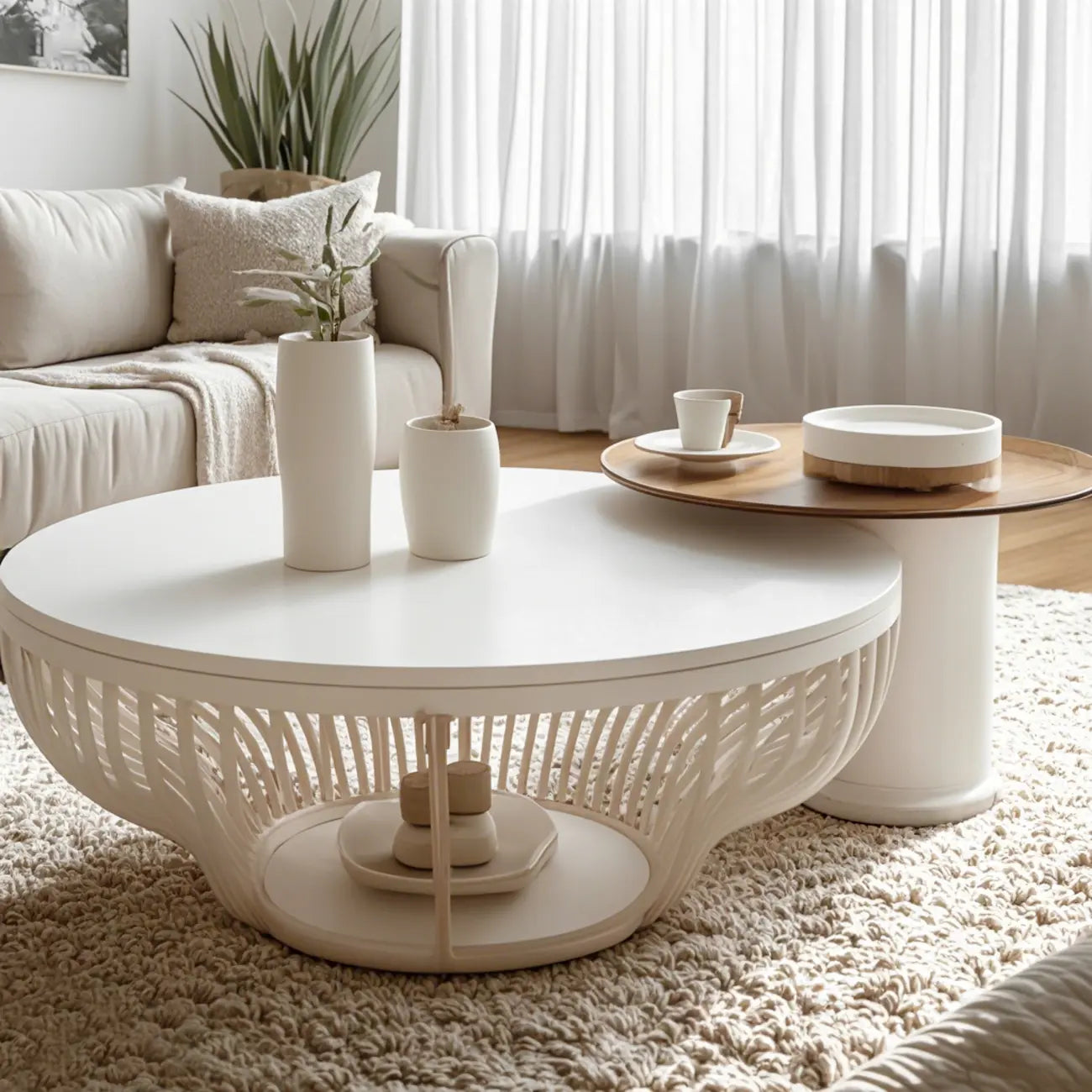 White Round Modern Wood Coffee Table with Storage Base