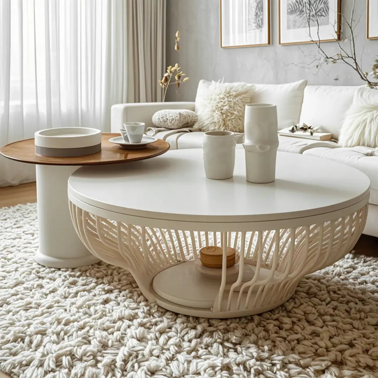 White Round Modern Wood Coffee Table with Storage Base