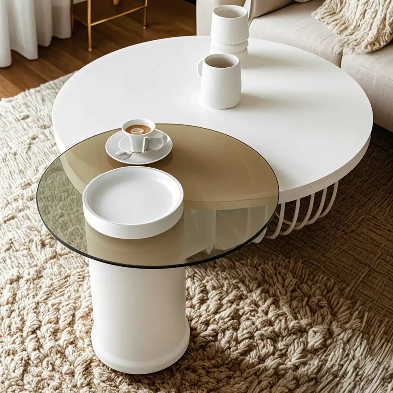 White Round Modern Wood Coffee Table with Storage Base