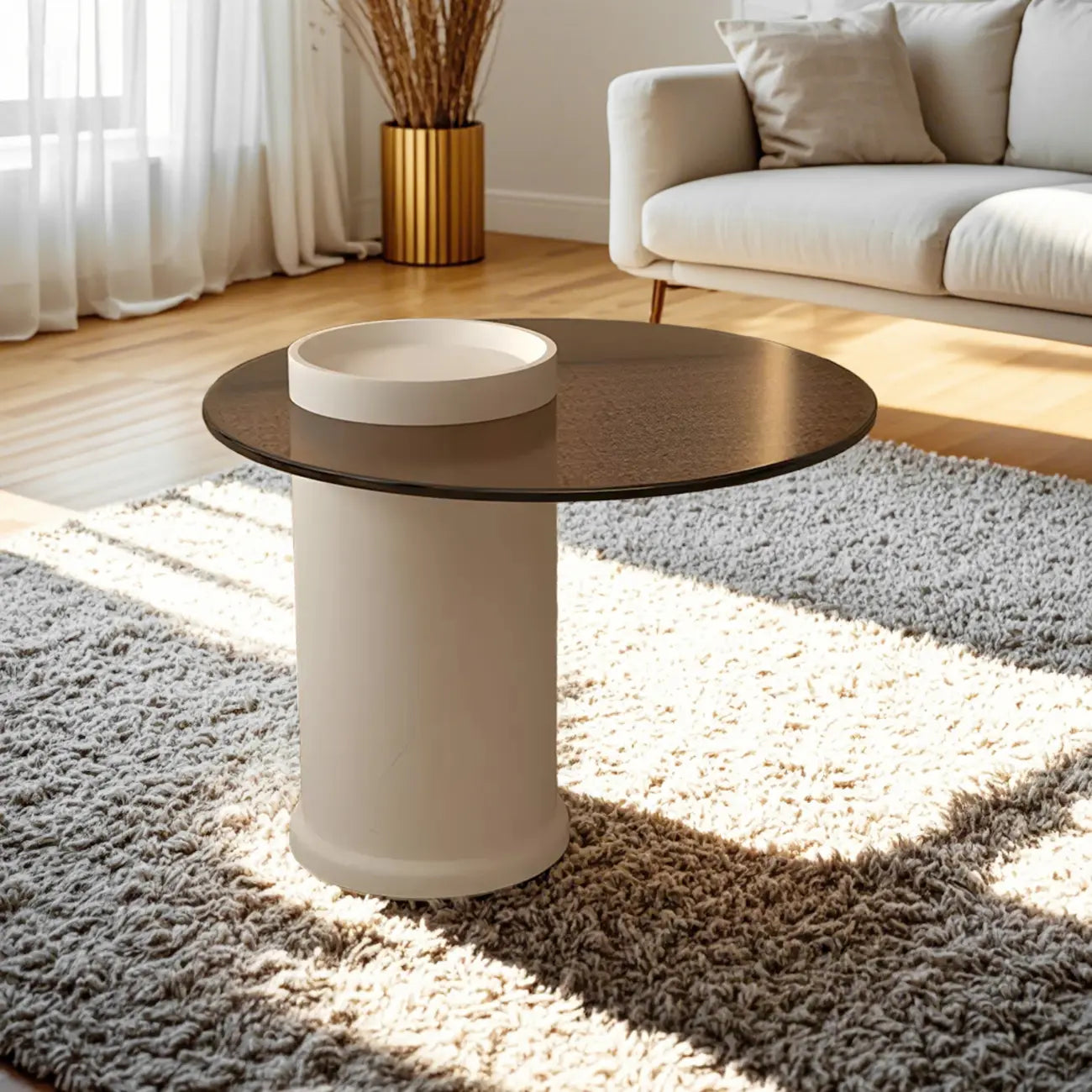White Round Modern Wood Coffee Table with Storage Base