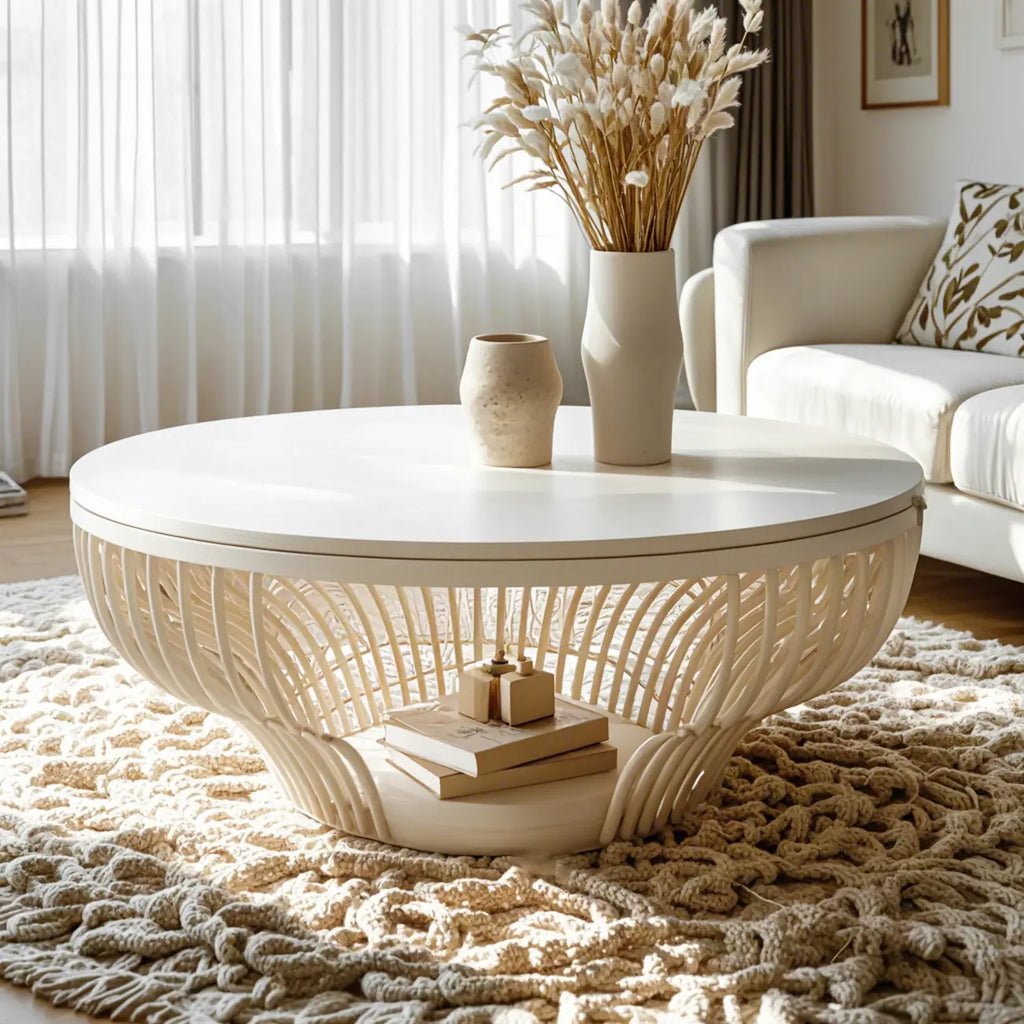 White Round Modern Wood Coffee Table with Storage Base