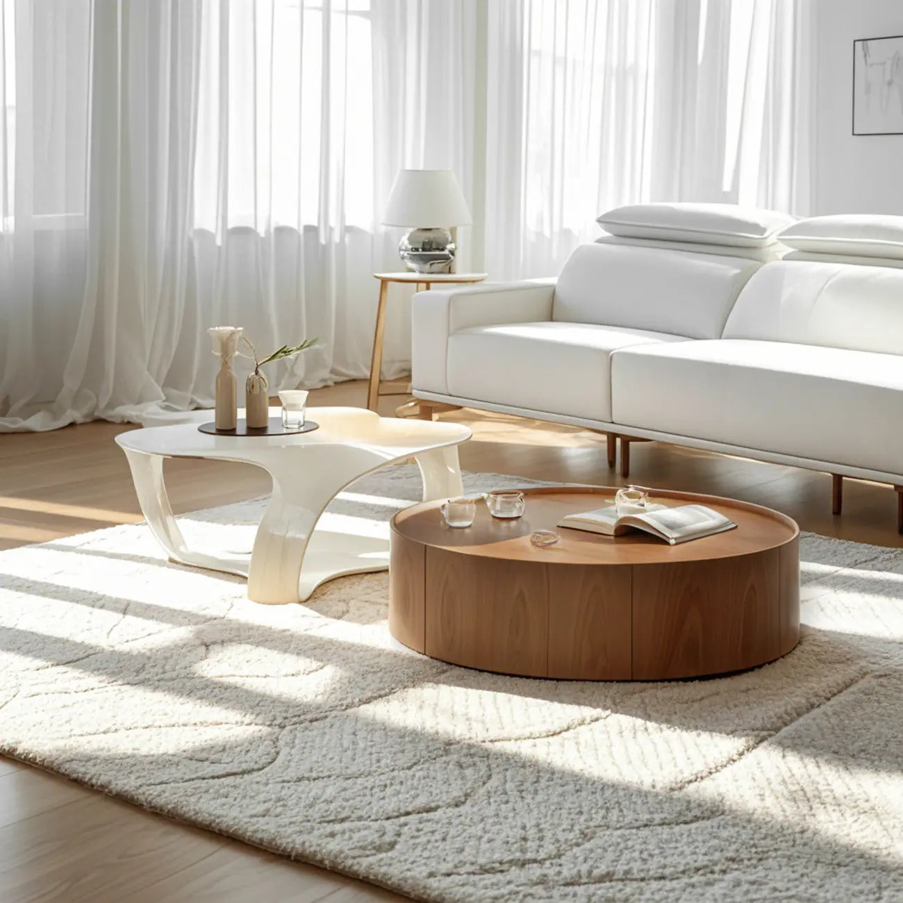 Round Wooden and Abstract Metal Coffee Table with Drawer