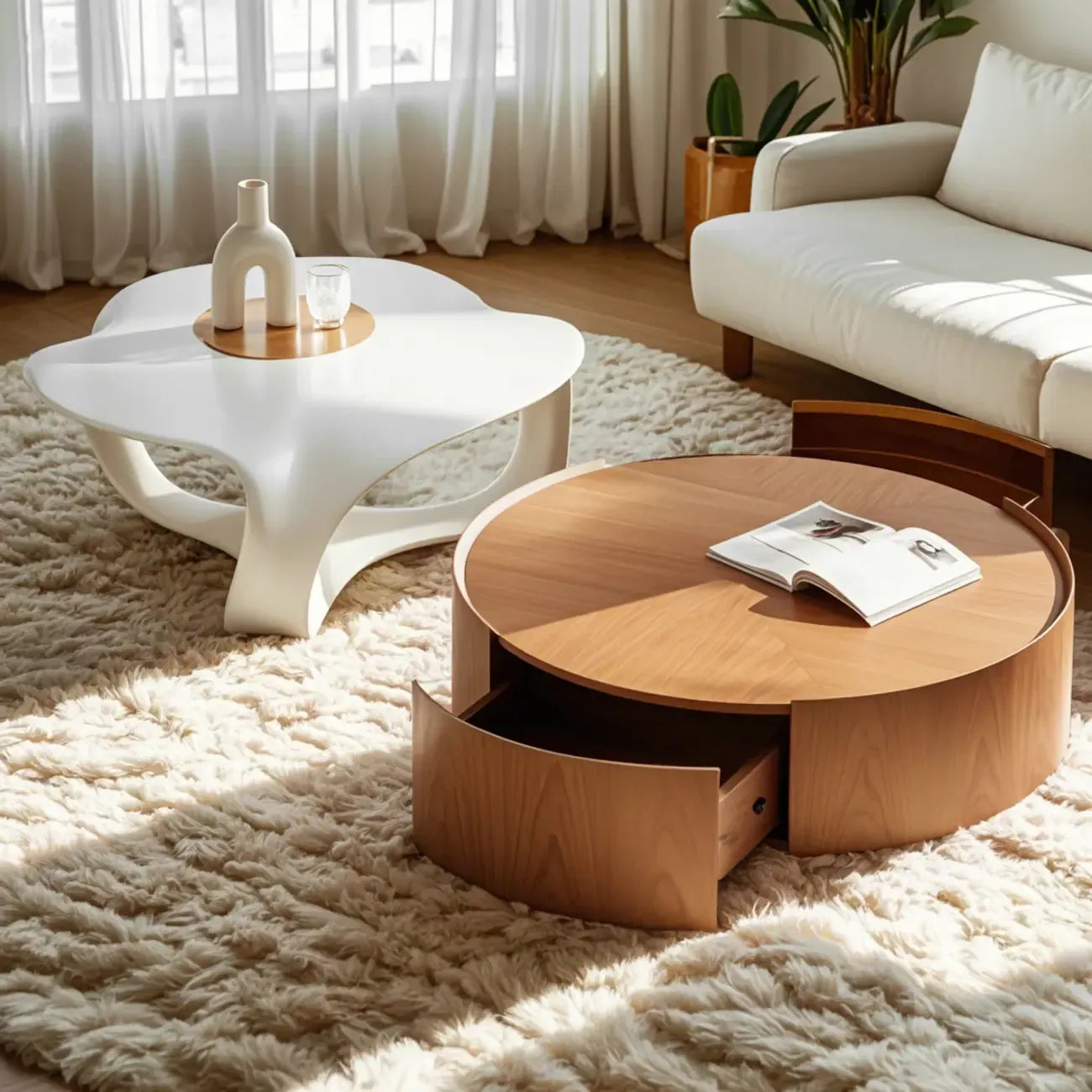 Round Wooden and Abstract Metal Coffee Table with Drawer