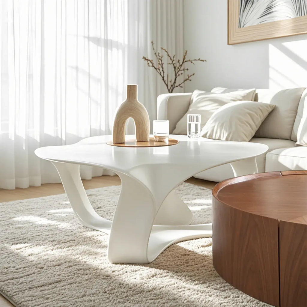 Round Wooden and Abstract Metal Coffee Table with Drawer