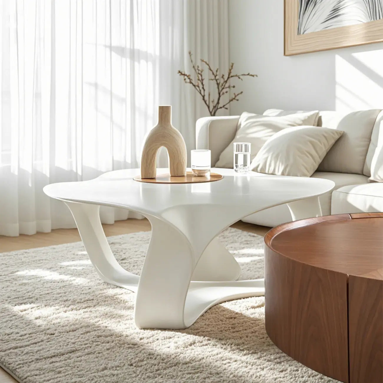 Round Wooden and Abstract Metal Coffee Table with Drawer