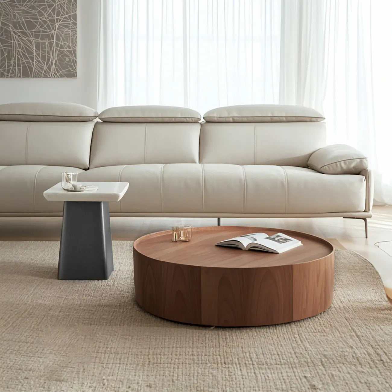 Round Wooden and Abstract Metal Coffee Table with Drawer