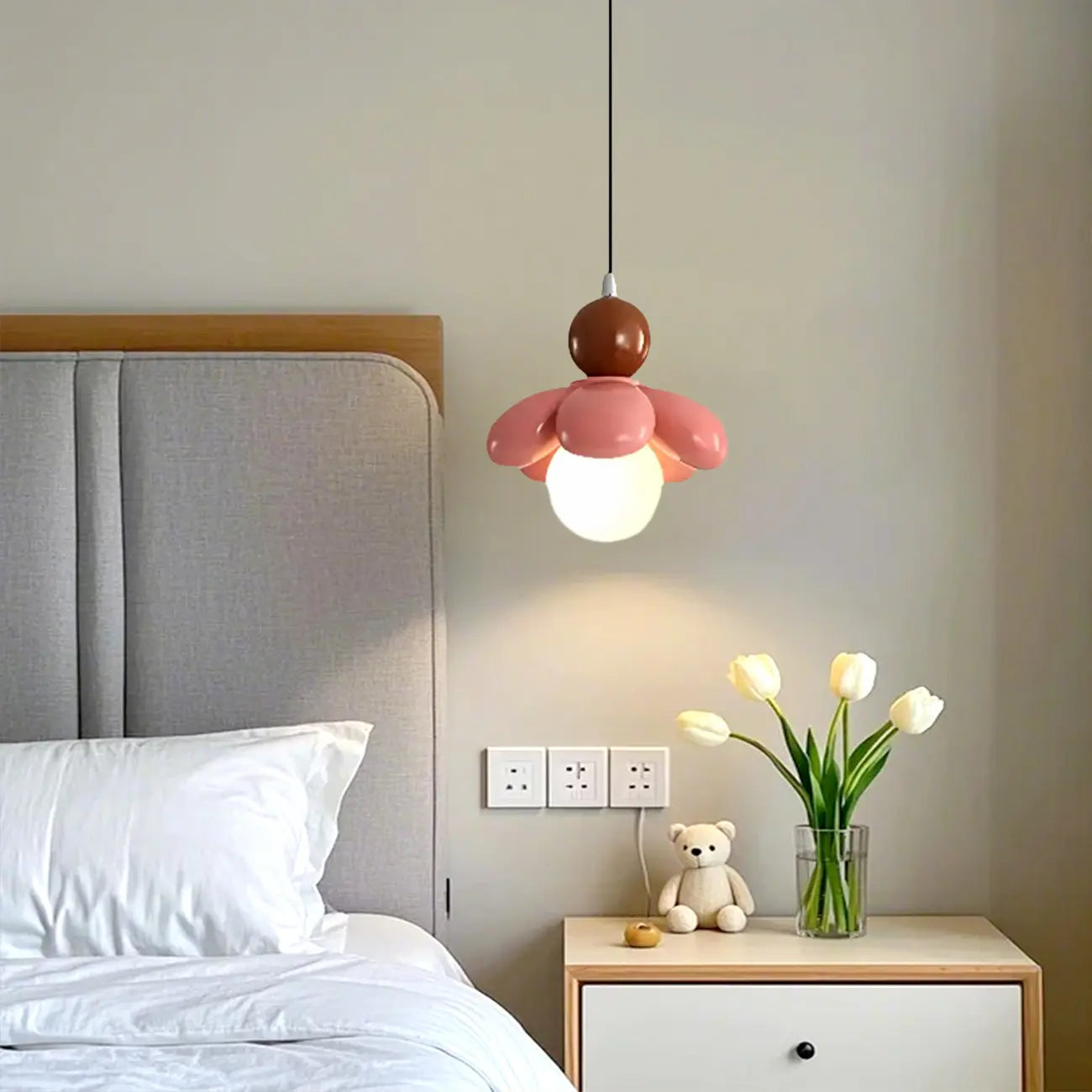 Cozy Pink LED Ball Pendant Light with Floral Clay Design for Bedside