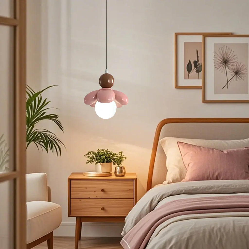 Cozy Pink LED Ball Pendant Light with Floral Clay Design for Bedside