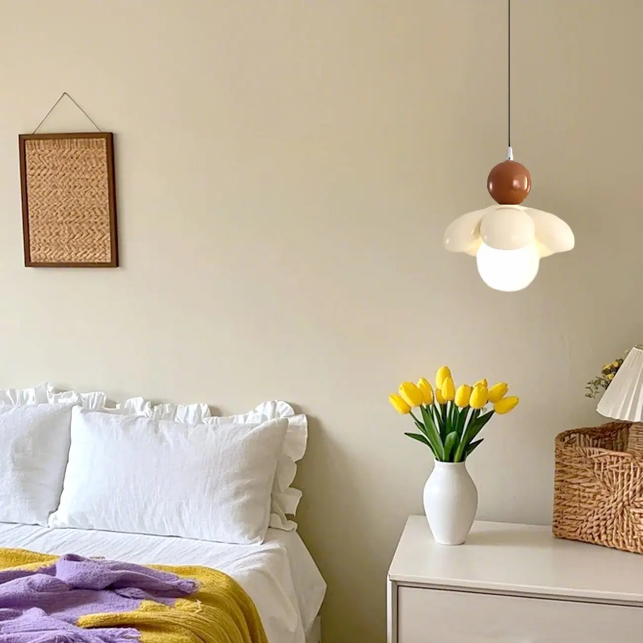 Cozy Pink LED Ball Pendant Light with Floral Clay Design for Bedside