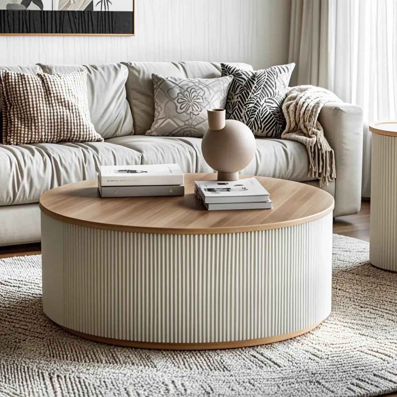 Scandinavian Wood Gray Cylinder Coffee Table with 2 Drawers