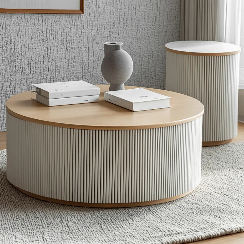 Scandinavian Wood Gray Cylinder Coffee Table with 2 Drawers