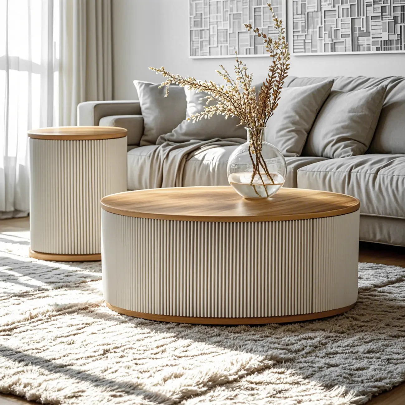 Scandinavian Wood Gray Cylinder Coffee Table with 2 Drawers