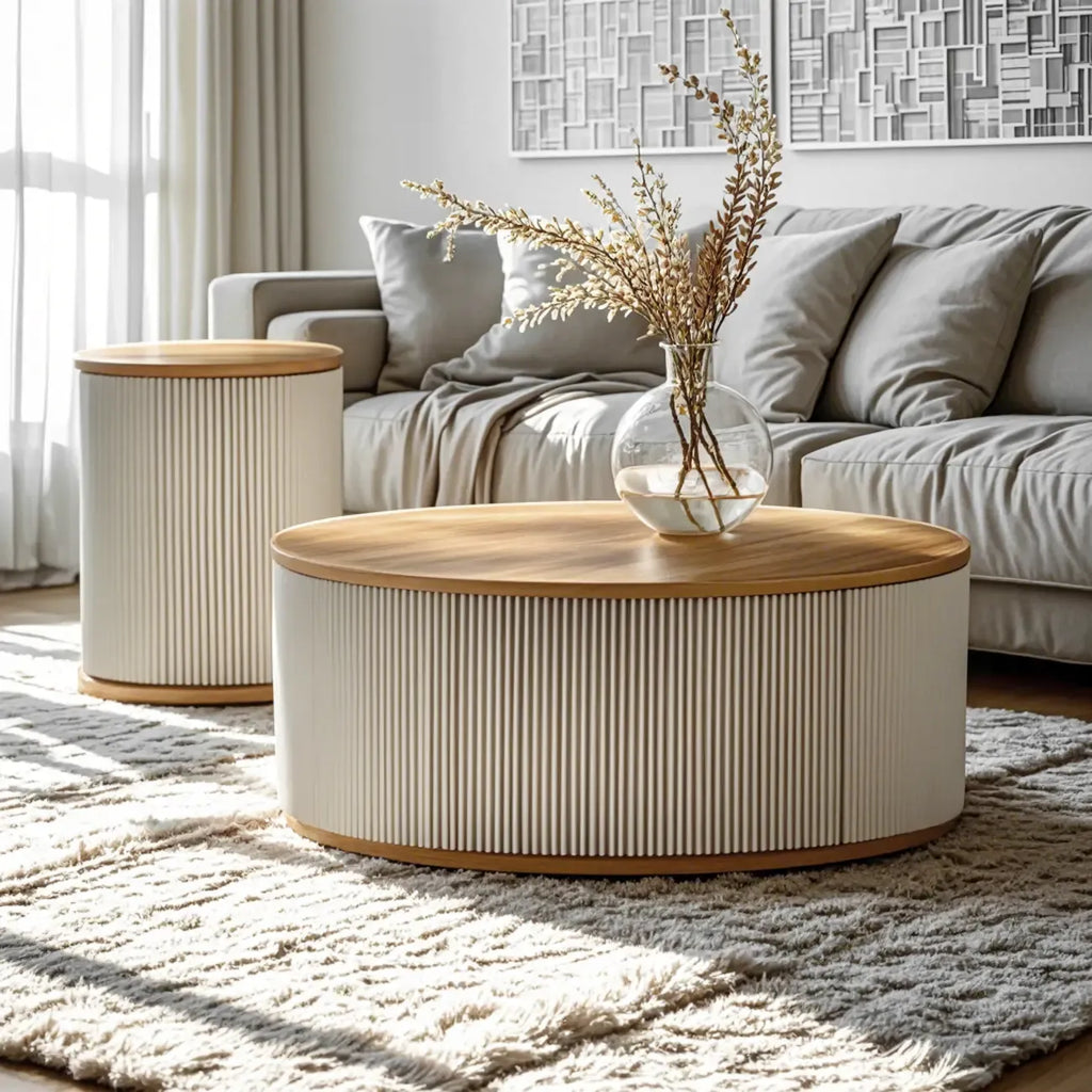 Scandinavian Wood Gray Cylinder Coffee Table with 2 Drawers