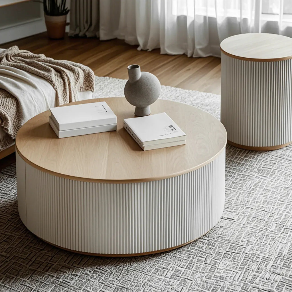 Scandinavian Wood Gray Cylinder Coffee Table with 2 Drawers