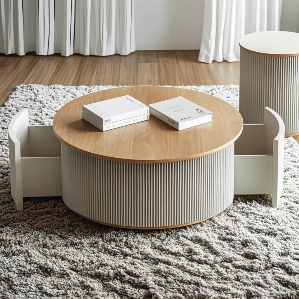 Scandinavian Wood Gray Cylinder Coffee Table with 2 Drawers