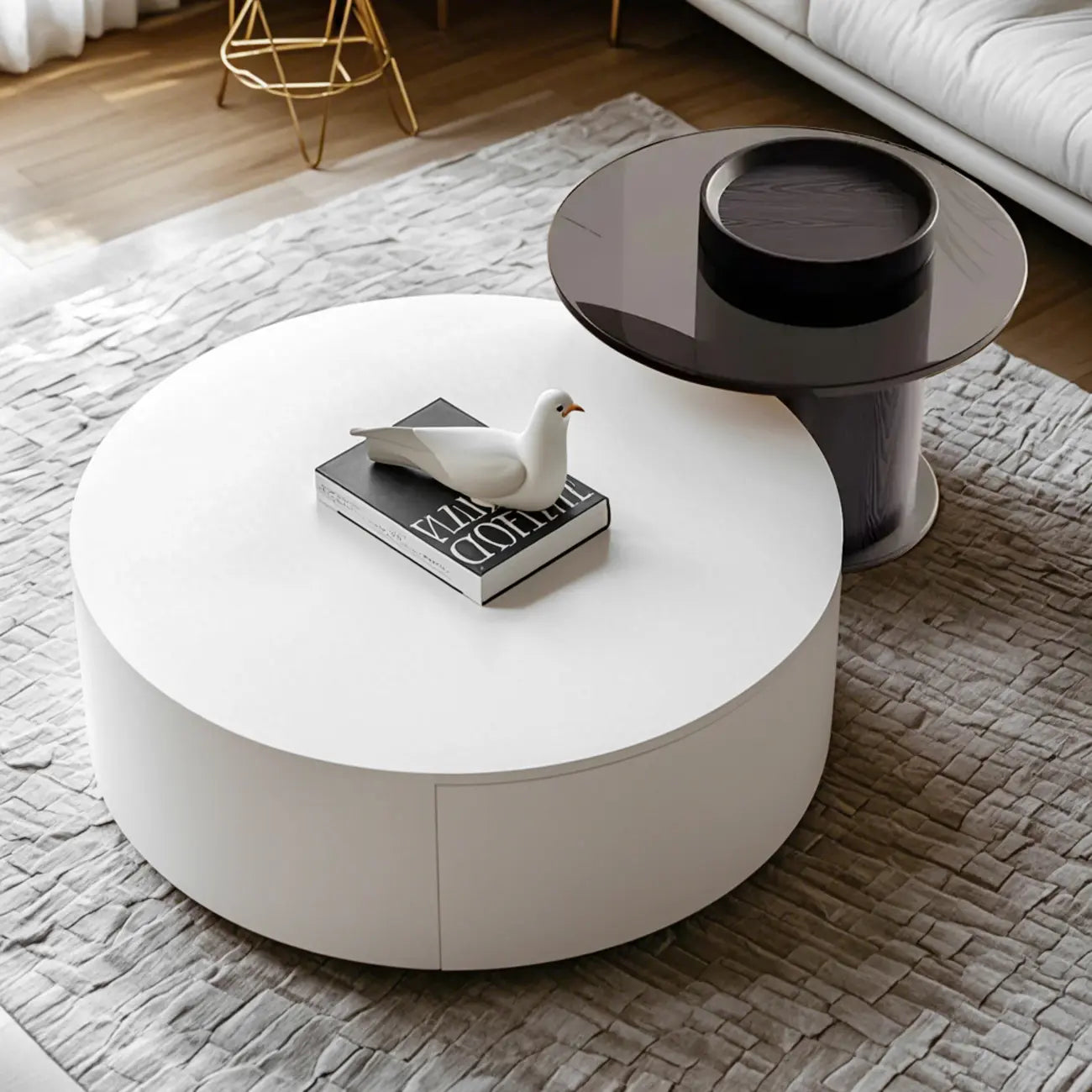 Modern White Round Wooden Coffee Table with Storage