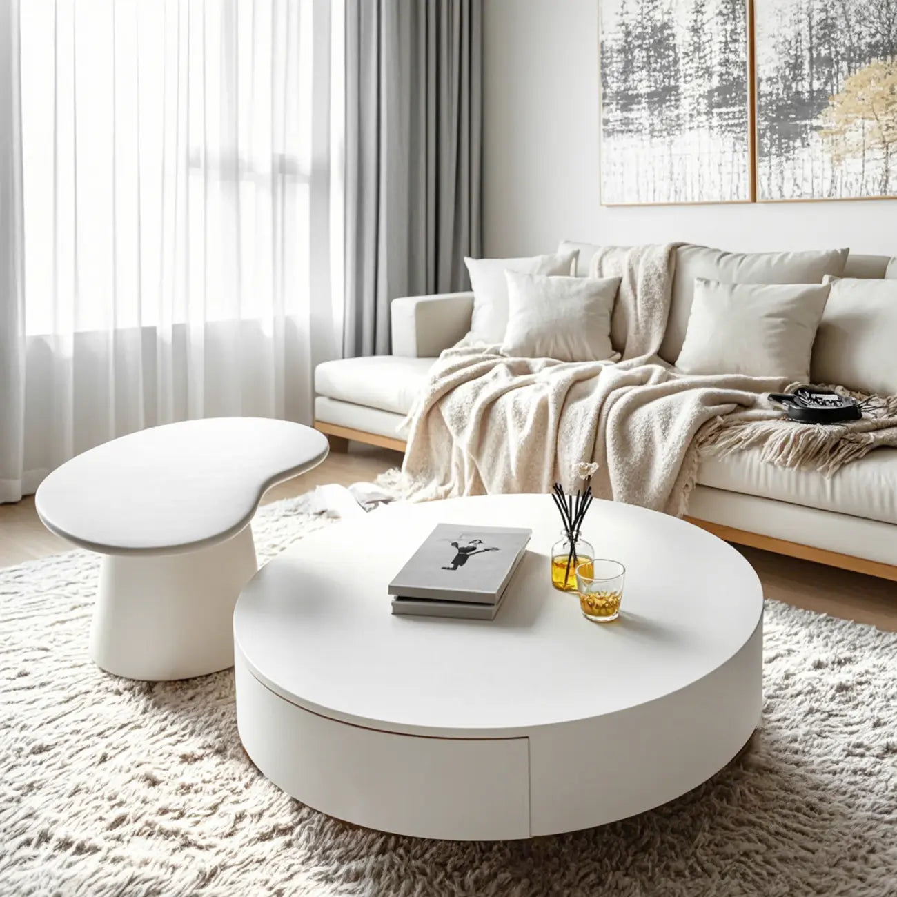 Modern White Round Wooden Coffee Table with Storage