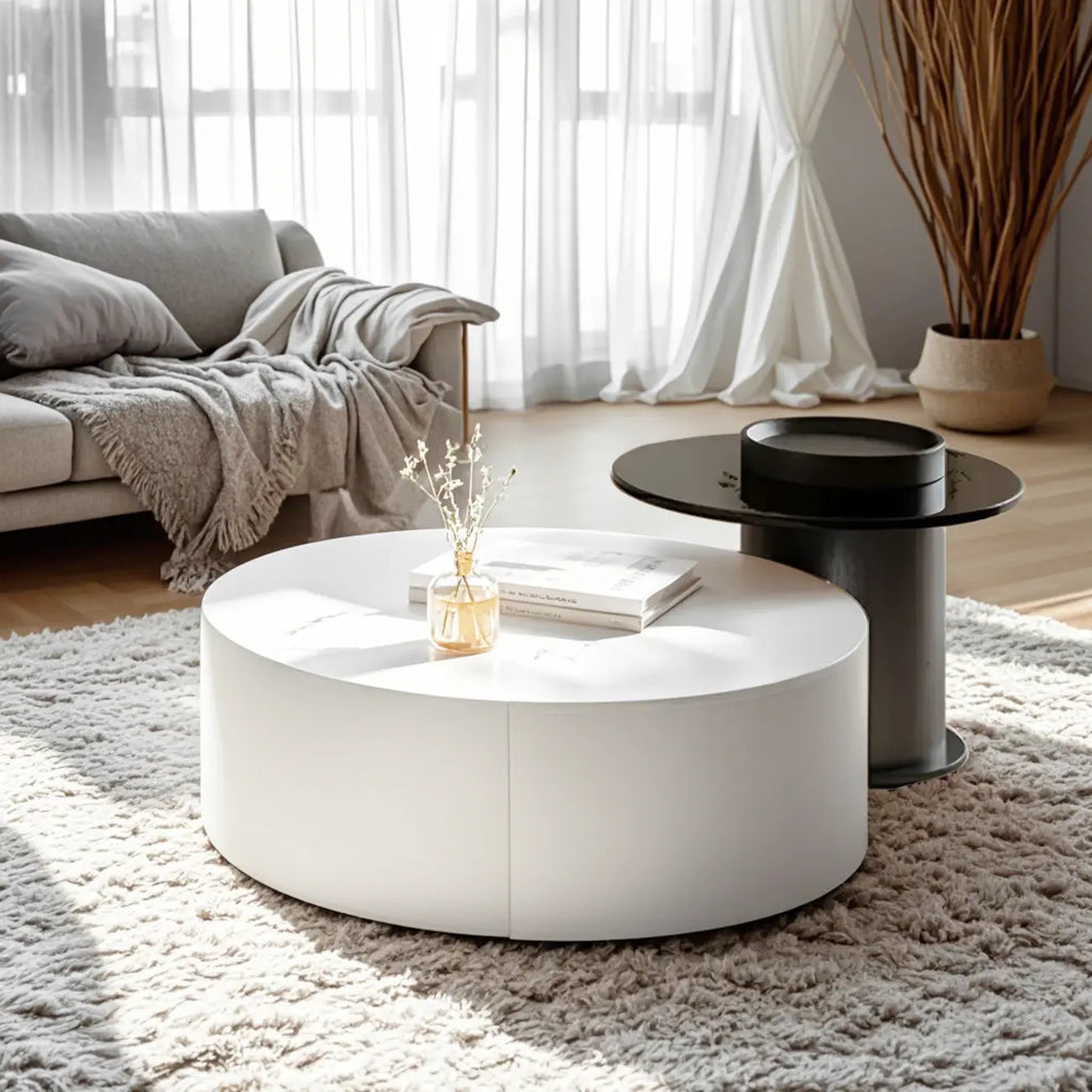 Modern White Round Wooden Coffee Table with Storage