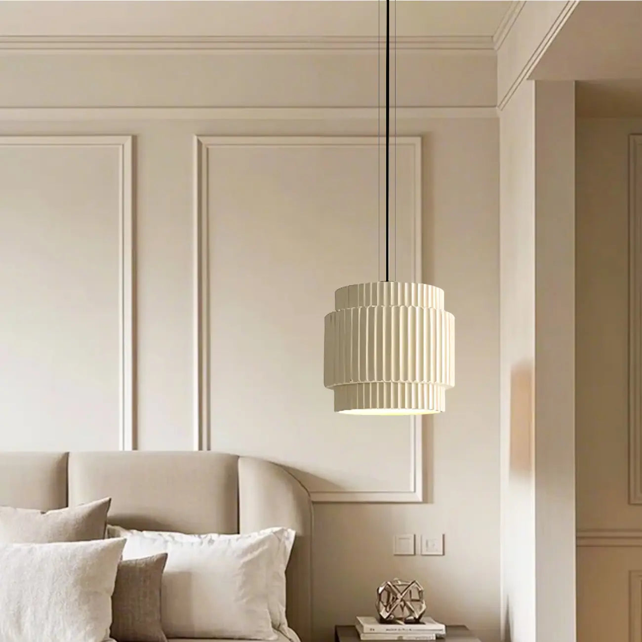 Modern White Stripe Cylinder Resin Pendant Light for Living Room