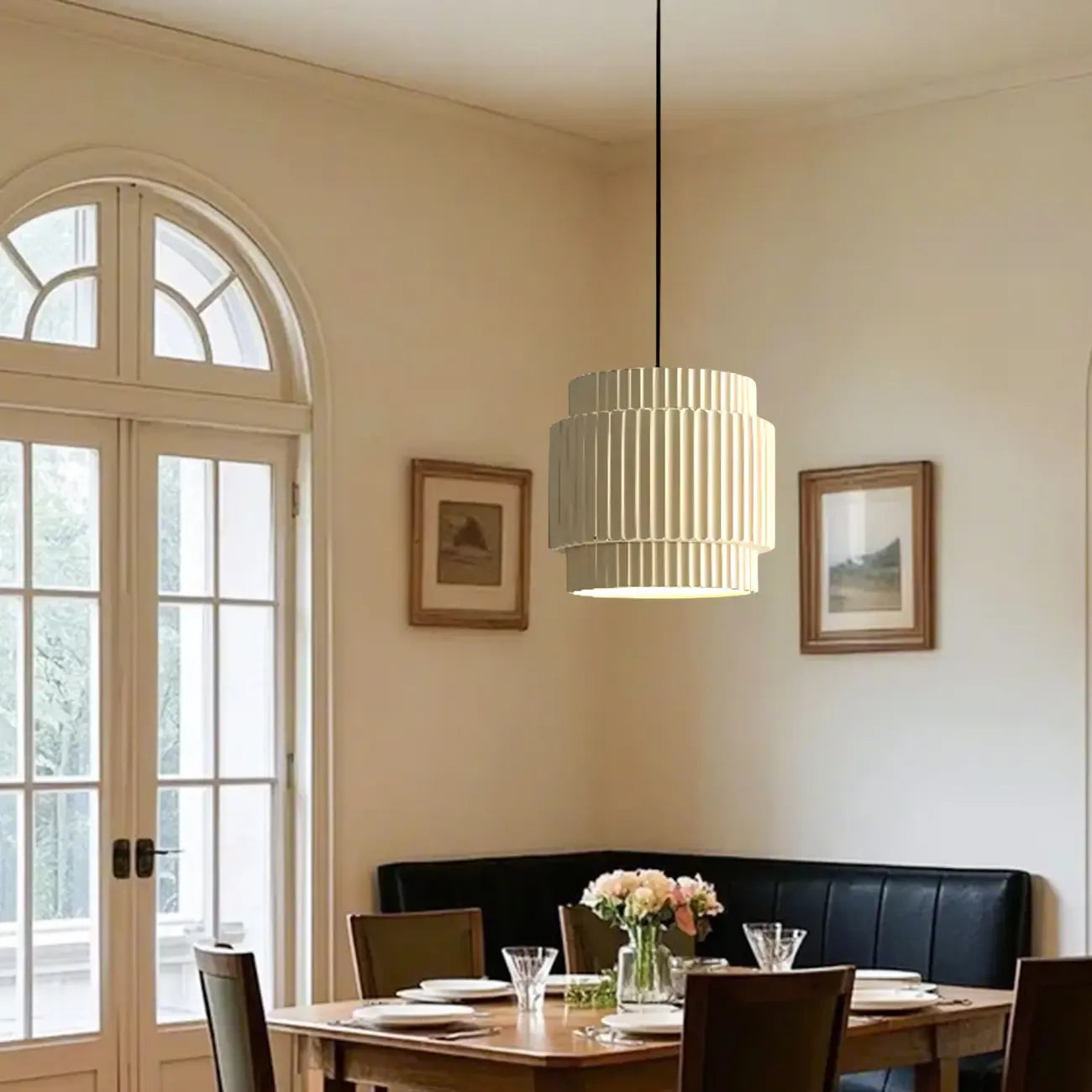 Modern White Stripe Cylinder Resin Pendant Light for Living Room