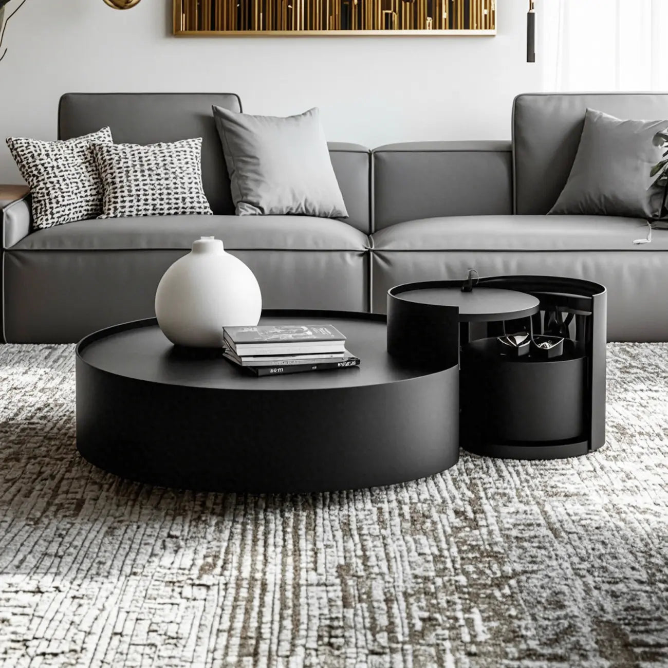 Black Round Modern Nesting Wood Coffee Table with Storage