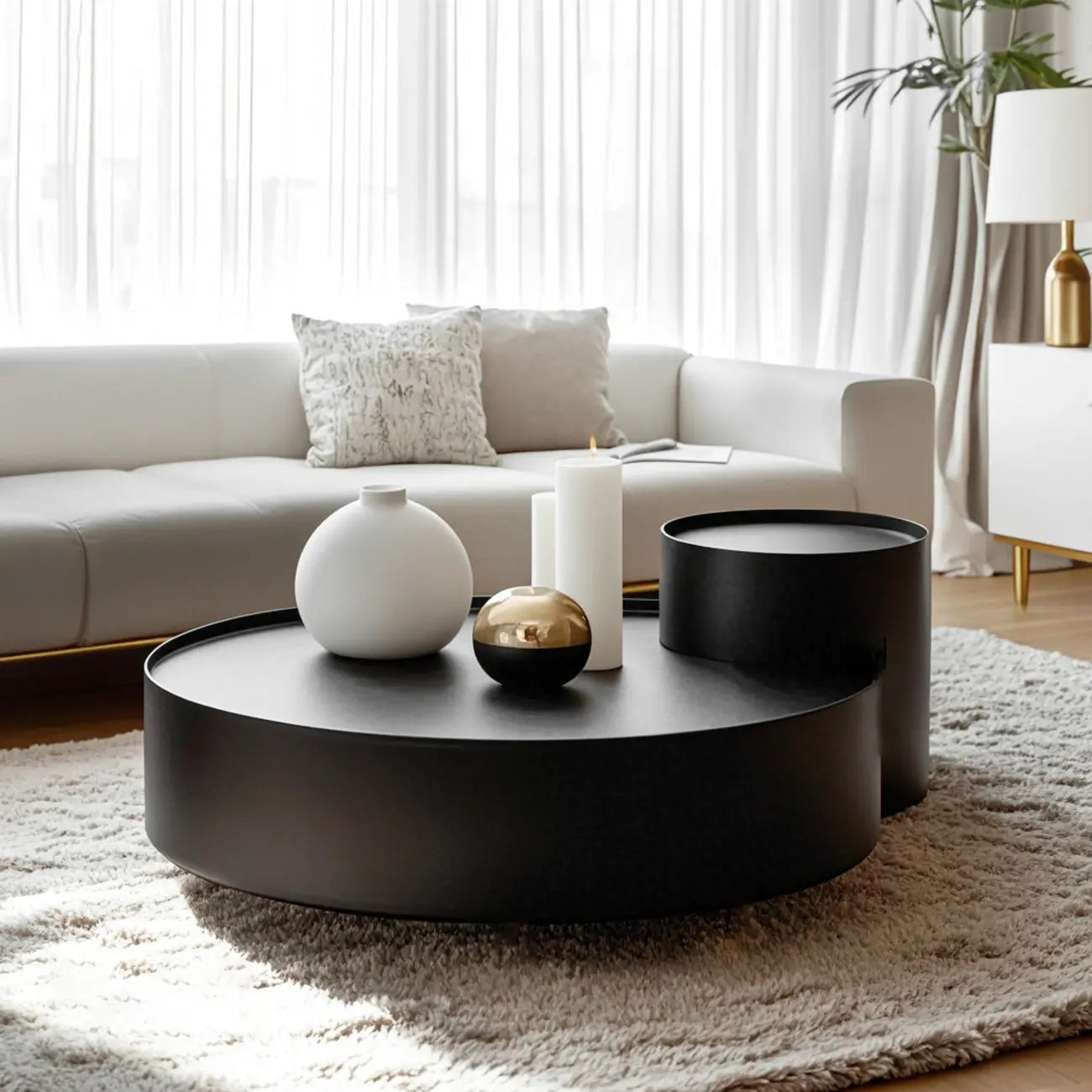 Black Round Modern Nesting Wood Coffee Table with Storage
