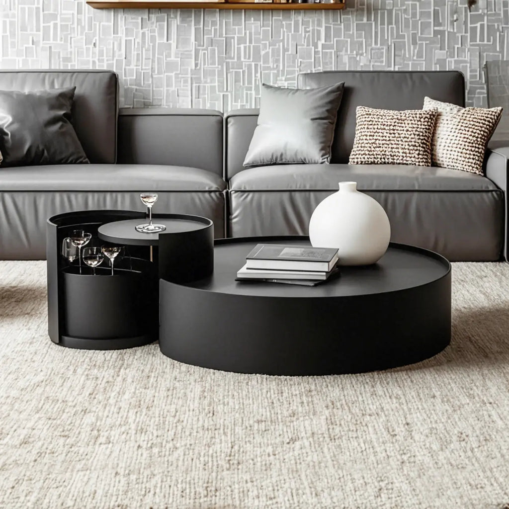 Black Round Modern Nesting Wood Coffee Table with Storage