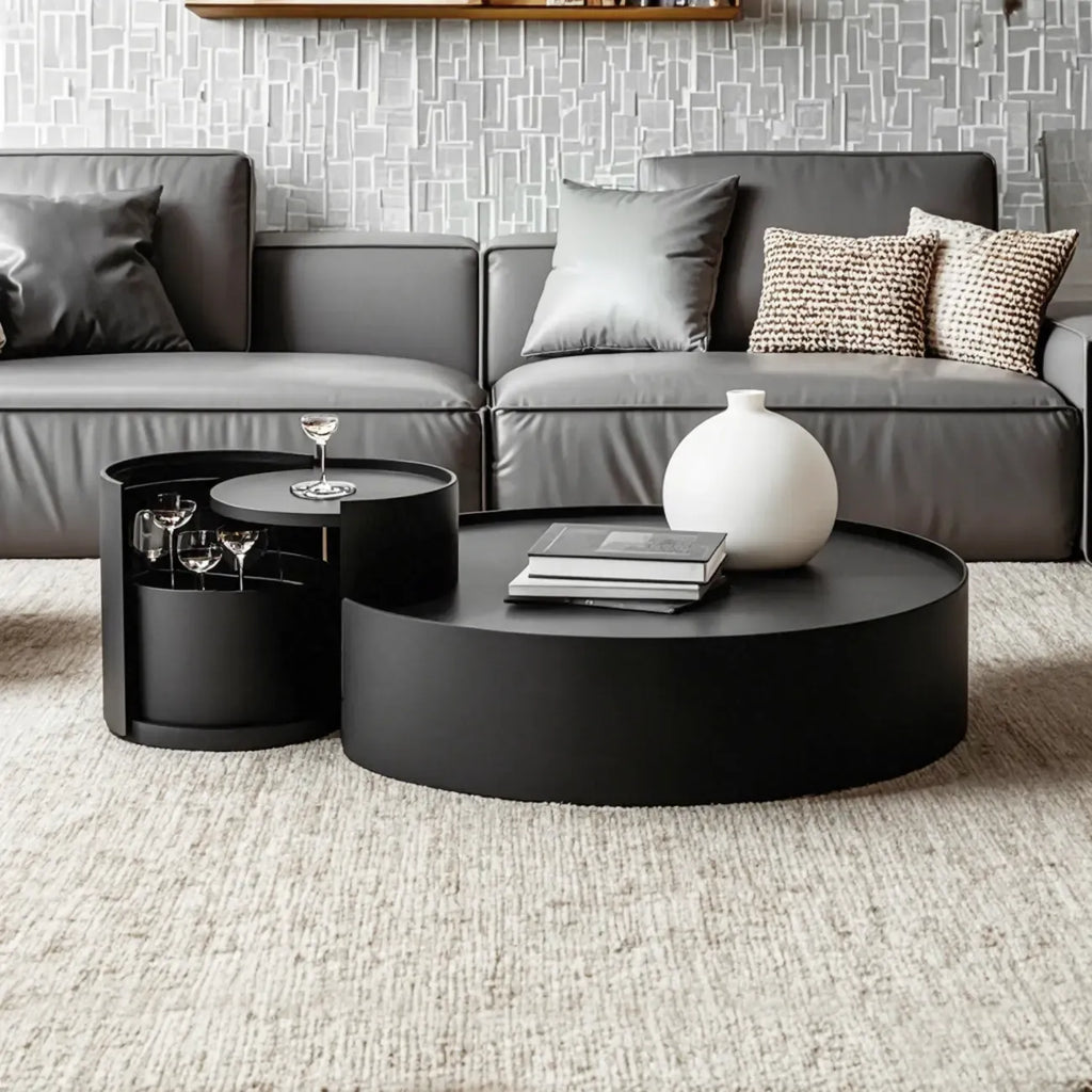 Black Round Modern Nesting Wood Coffee Table with Storage