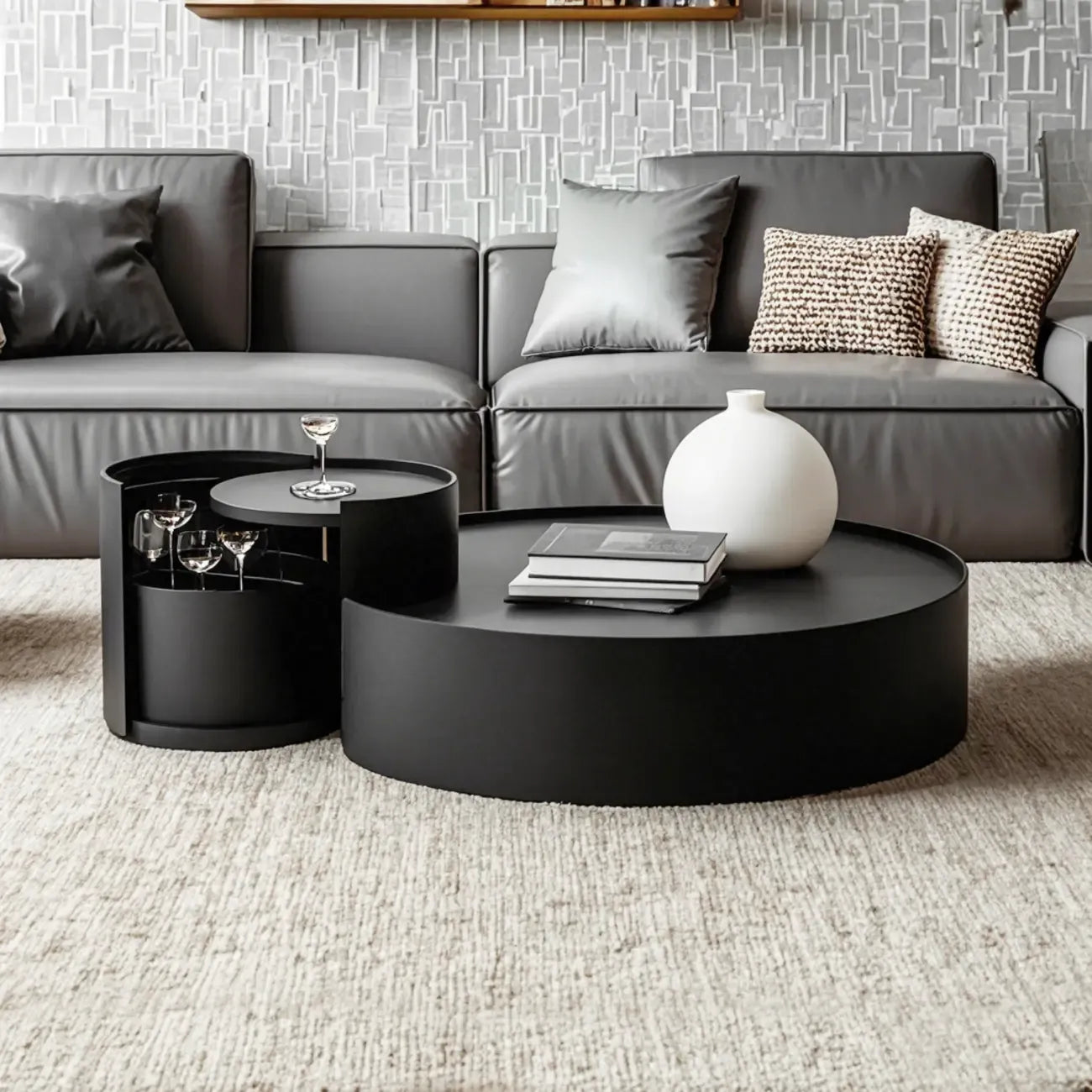 Black Round Modern Nesting Wood Coffee Table with Storage