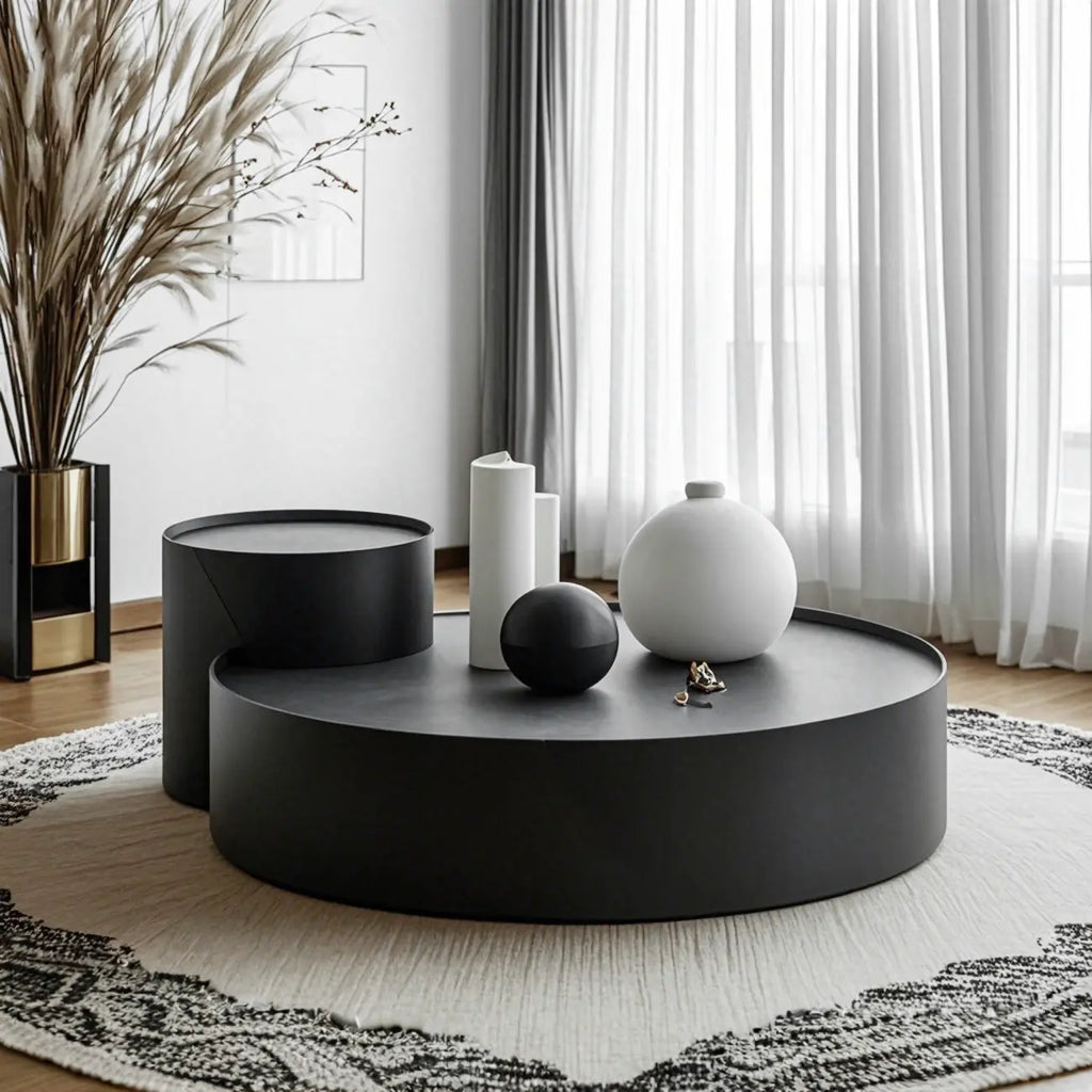Black Round Modern Nesting Wood Coffee Table with Storage
