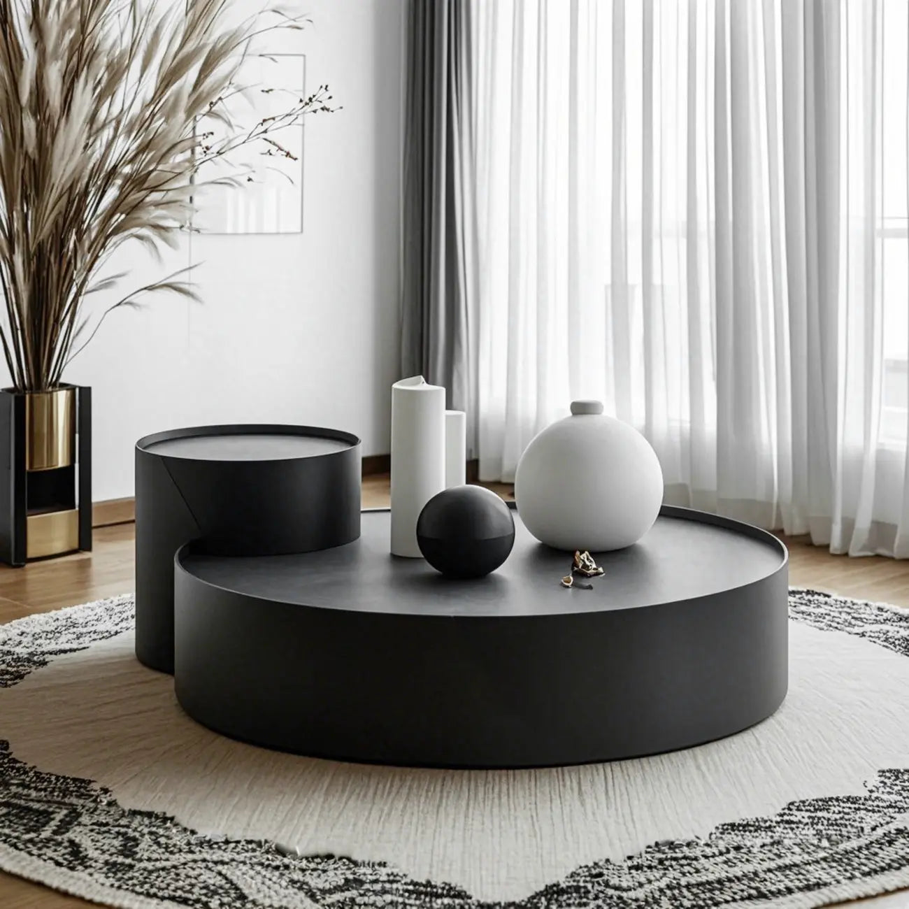 Black Round Modern Nesting Wood Coffee Table with Storage