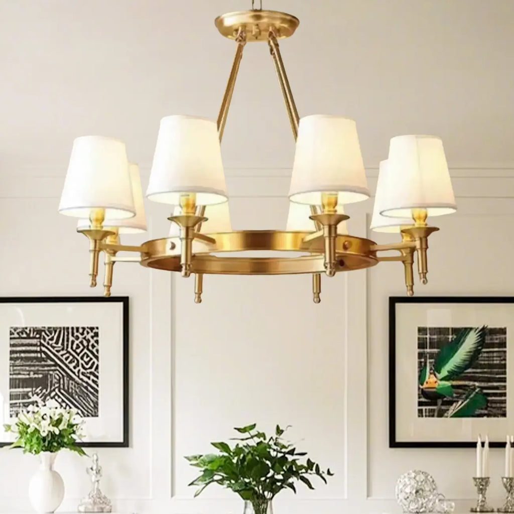 Vintage Gold Round Chandelier with Fabric Cone Lampshade